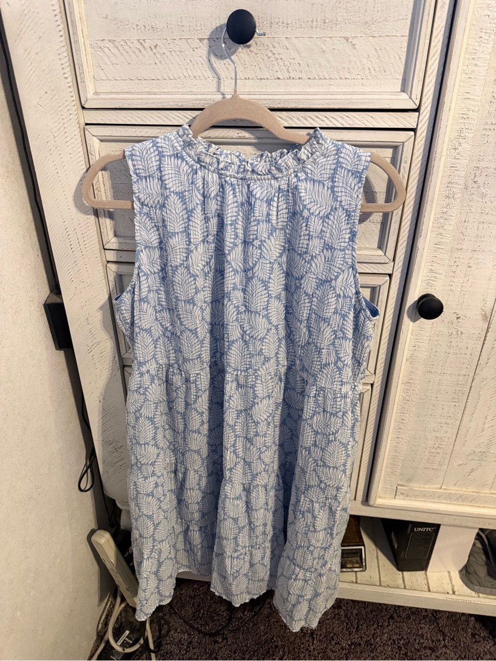 LOFT Light Blue Sleeveless Midi Dress with White Leaf Pattern